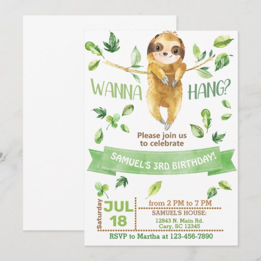 Sloth, laten we de jongen uitnodigen. kaart (Voorkant / Achterkant)