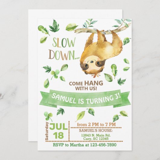 Sloth, laten we de jongen uitnodigen. kaart (Voorkant / Achterkant)