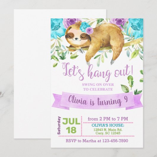 Sloth, laten we meisjes uitnodigen, paarse. kaart (Voorkant / Achterkant)