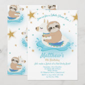 Sloth Llama Pool Party Birthday Invitation Boys Kaart (Voorkant / Achterkant)