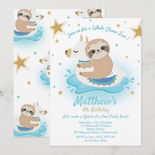 Sloth Llama Pool Party Birthday Invitation Boys Kaart (Voorkant / Achterkant)