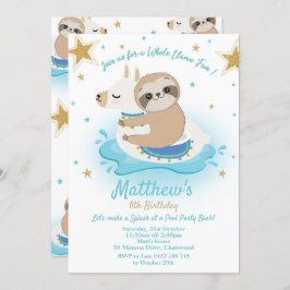 Sloth Llama Pool Party Birthday Invitation Boys Kaart