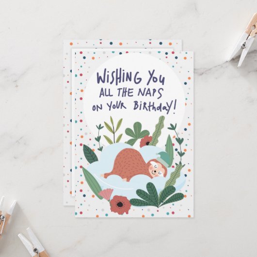 Sloth Nap Lazy Birthday - Polka Theme Kaart (Voorkant / Achterkant in situ)