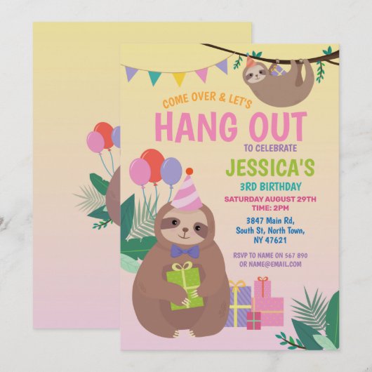 Sloth Party Verjaardag Schattige Fun Pink Animals Kaart (Voorkant / Achterkant)