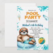 Sloth Pool Party Birthday Invite Kaart (Voorkant / Achterkant)