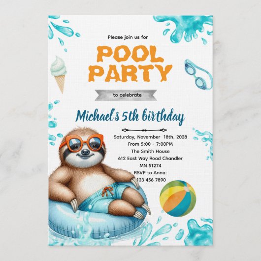 Sloth Pool Party Birthday Invite Kaart (Voorkant)