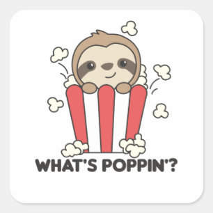 Sloth Popcorn Whats Poppin Funny Animals Vierkante Sticker