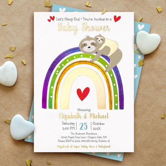 Sloth Rainbow Heart Boy Baby shower Schattige Echt Folie Uitnodiging