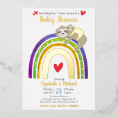 Sloth Rainbow Heart Boy Baby shower Schattige Echt Folie Uitnodiging (Voorkant)
