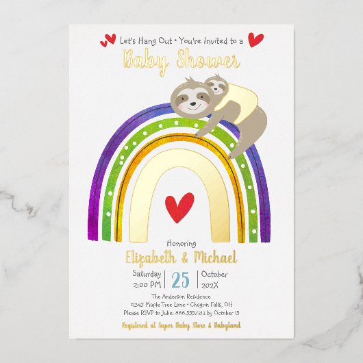 Sloth Rainbow Heart Boy Baby shower Schattige Echt Folie Uitnodiging (Voorkant)