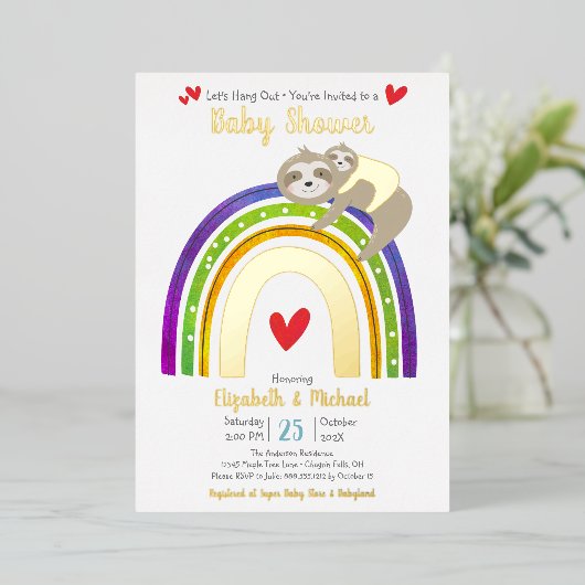 Sloth Rainbow Heart Boy Baby shower Schattige Echt Folie Uitnodiging (Staand Voorkant)