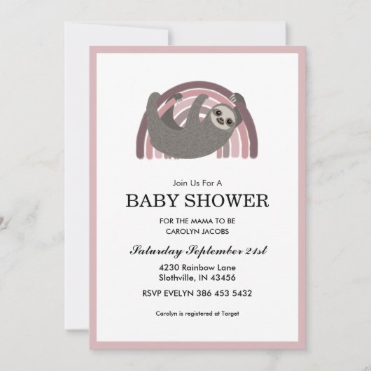 Sloth Rainbow Mauve Baby Girl Baby shower Kaart (Voorkant)