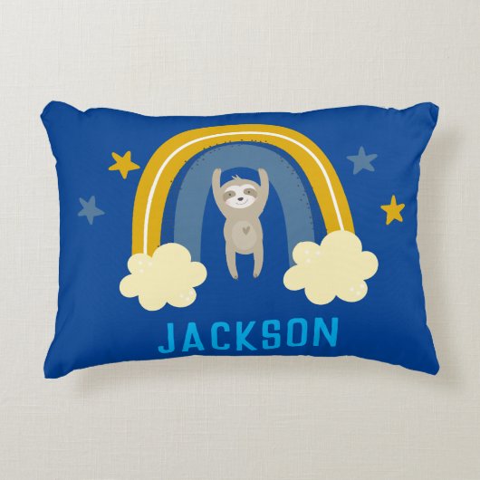 Sloth Rainbow Navy Blue Personalize Name Accent Kussen (Voorkant)