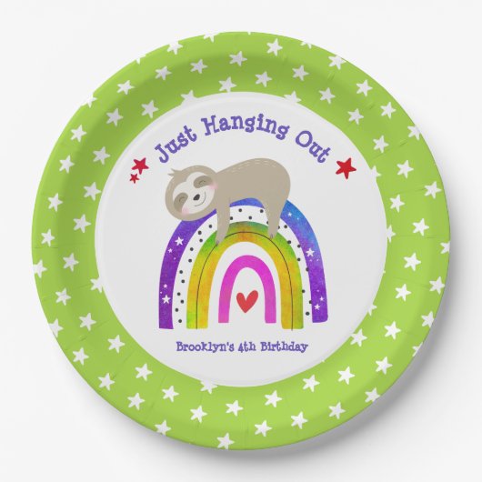 Sloth Rainbow Verjaardag Green Kawaii Schattige Bo Papieren Bordje (Voorkant)