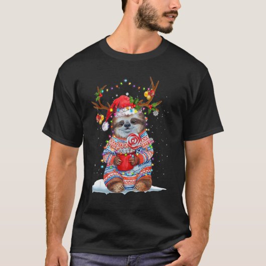 Sloth Reindeer Santa Hat Xmas Lights Christmas Xma T-shirt (Voorkant)