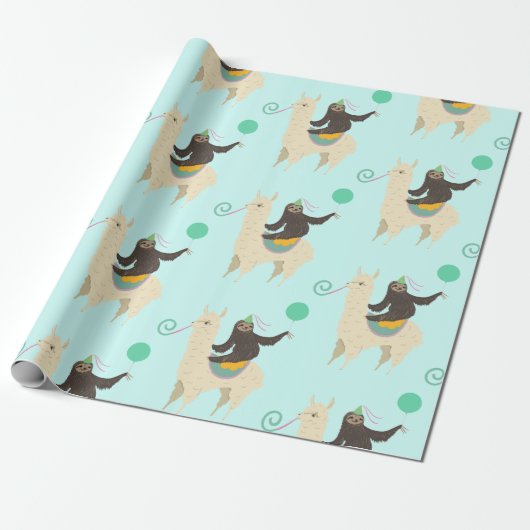 Sloth Riding Llama Birthday Cadeaupapier (Uitgerold)