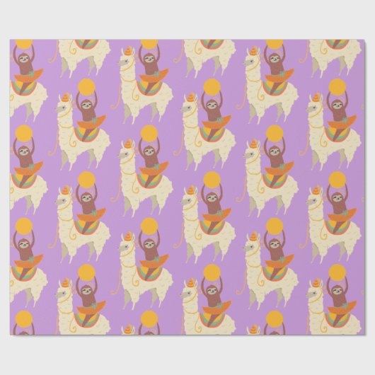 Sloth Riding Llama Birthday Cadeaupapier (Vlak)