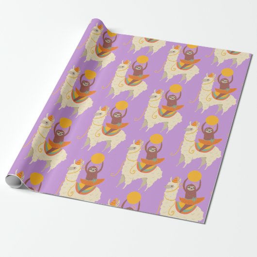 Sloth Riding Llama Birthday Cadeaupapier (Uitgerold)