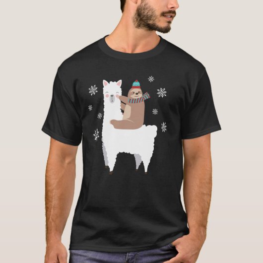 Sloth Riding Llama Funny Kerstmis Scarf Santa Hat T-shirt (Voorkant)