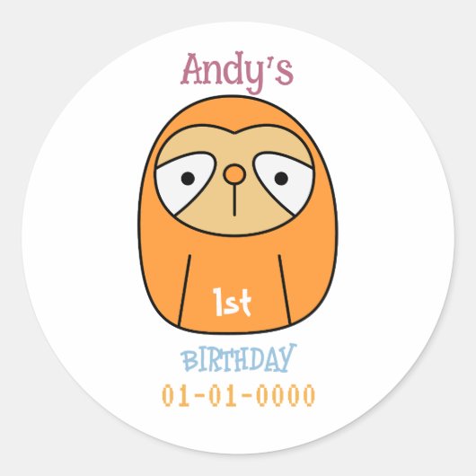 Sloth Verjaardag Cartoon Ronde Sticker (Voorkant)