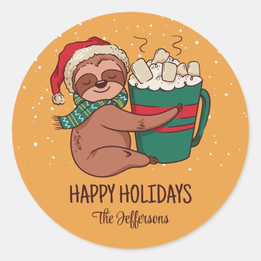 Sloth Warm Cozy Kerstmis Snowy Winter Holiday Ronde Sticker (Voorkant)