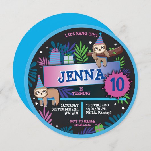 SLOTH ZOO OERWOUD Verjaardagsfeestuitnodiging Kaart (Voorkant / Achterkant)