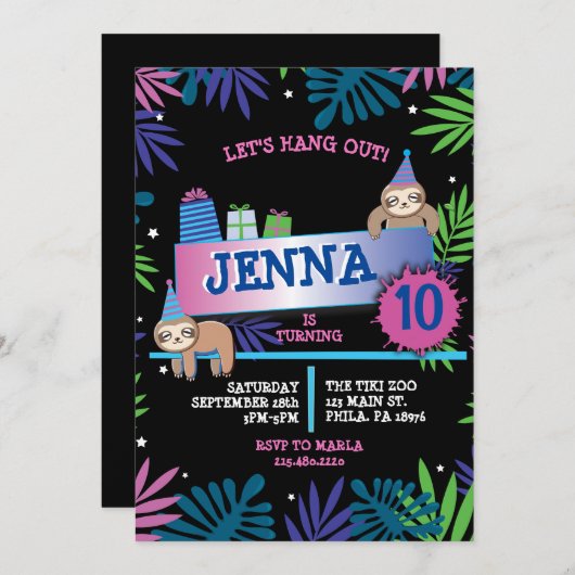 SLOTH ZOO OERWOUD Verjaardagsfeestuitnodiging Kaart (Voorkant / Achterkant)