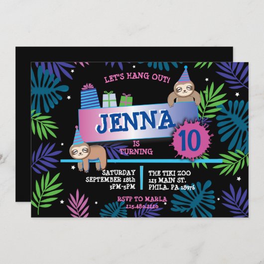 SLOTH ZOO OERWOUD Verjaardagsfeestuitnodiging Kaart (Voorkant / Achterkant)
