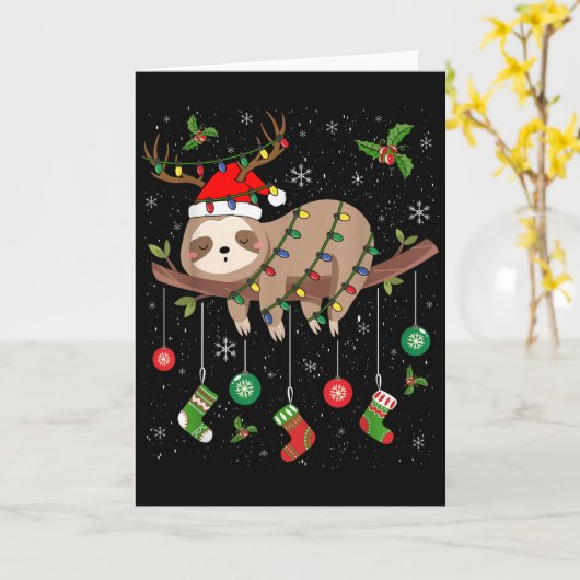 Sloths Xmas Lighting Reindeer Santa Hat Sloth Chri Kaart (Gele Bloem)