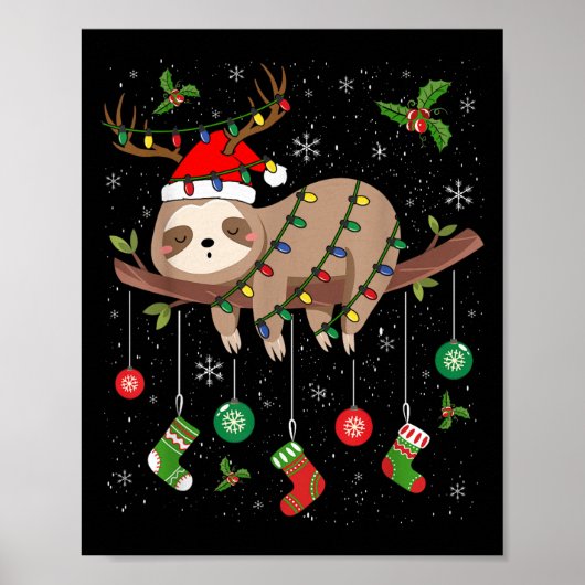 Sloths Xmas Lighting Reindeer Santa Hat Sloth Chri Poster (Voorkant)