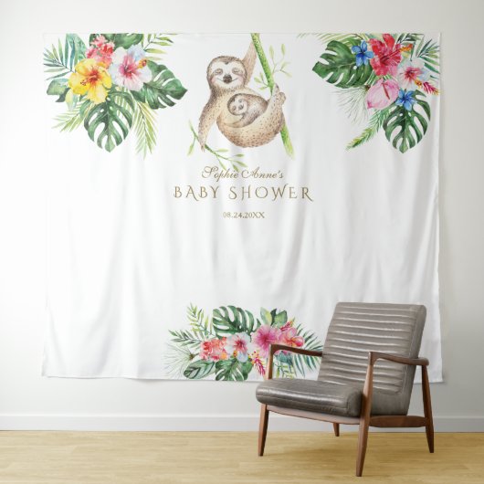 SlothTropical Floral Baby shower Foto Booth Prop Wandkleed (In Situ (horizontaal))
