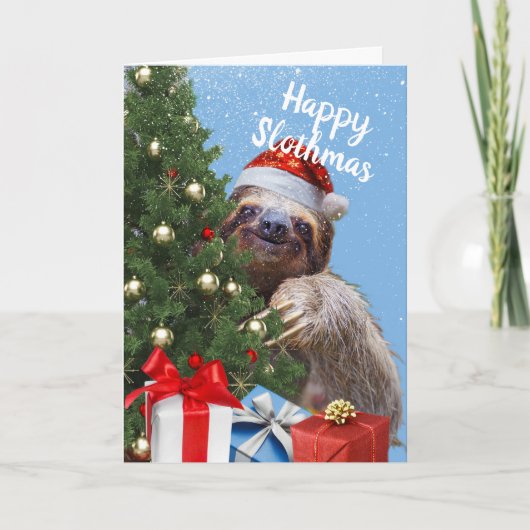 Slothy Christmas Sloth in Santa Hat en Tree Kaart (Voorkant)
