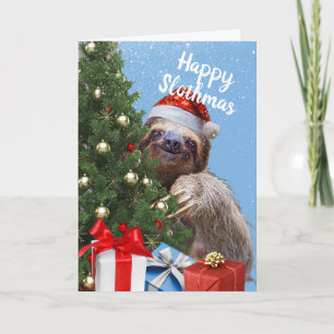 Slothy Christmas Sloth in Santa Hat en Tree Kaart