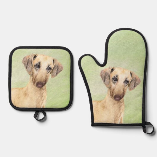 Sloughi Schilderij Golden Sand Schattigee Originel Ovenwant & Pannenlap Set (Voorkant)