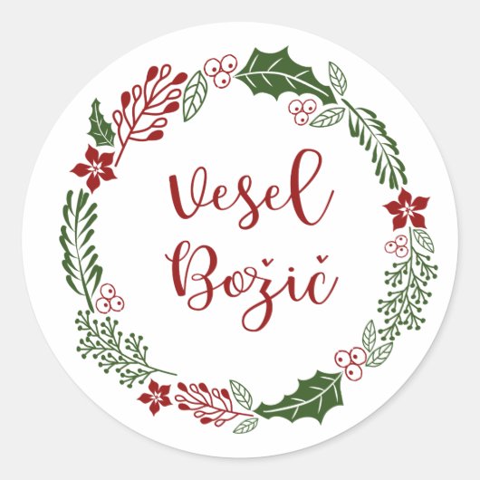 Slovenian Merry Kerstmis Wreath, Vesel Božič Ronde Sticker (Voorkant)