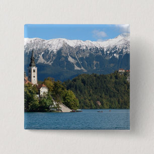 Slovenië, Bled, Lake Bled, Bled Island, Bled 2 Vierkante Button 5,1 Cm