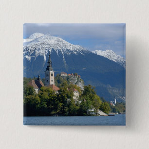 Slovenië, Bled, Lake Bled, Bled Island, Bled Vierkante Button 5,1 Cm