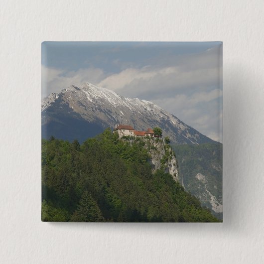 SLOVENIË, GORENJSKA, Bled: Bled Kasteel & 2 Vierkante Button 5,1 Cm (Voorkant)