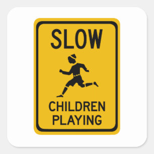 Slow - Kinderen spelen, Verkeerswaarschuwingsteken Vierkante Sticker