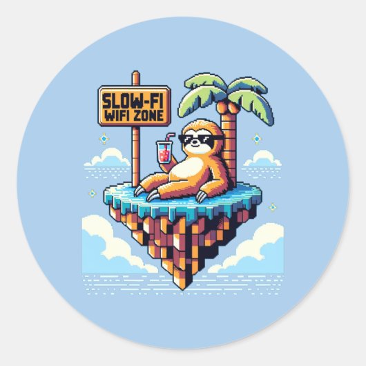 Slow WiFi Zone - Funny Pixel Art Sloth Vakantie Ronde Sticker (Voorkant)