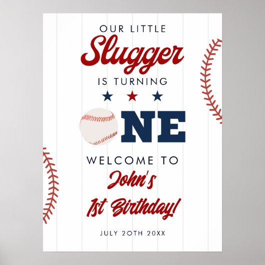 Slugger Baseball 1st Birthday Welcome Sign Poster (Voorkant)