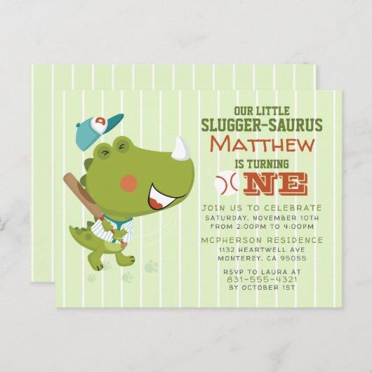 Slugger-Saurus Baseball Dino Baby Boy 1st Birthday Uitnodiging Briefkaart (Voorkant / Achterkant)