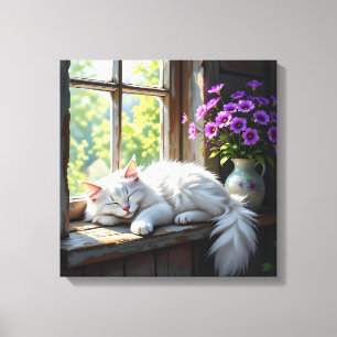 Sluimerende kat op de vensterbank Paarse Bloemen Canvas Afdruk