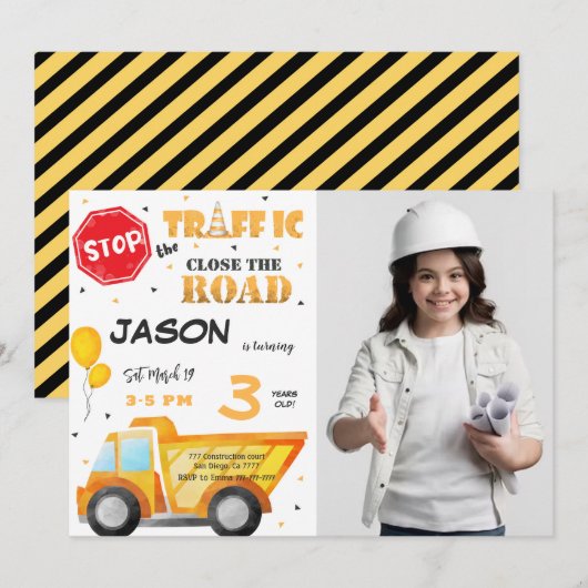 Sluit de Road Construction Photo Invitation Kaart (Voorkant / Achterkant)
