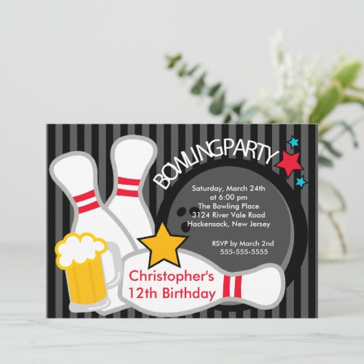 Sluiting Fun Bowling Birthday Party Invitation Kaart (Staand voorkant)