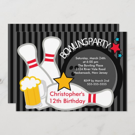 Sluiting Fun Bowling Birthday Party Invitation Kaart (Voorkant / Achterkant)