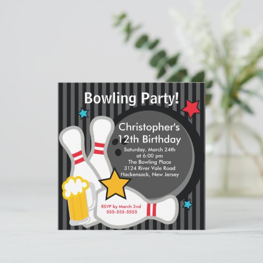 Sluiting Fun Bowling Birthday Party Invitation Kaart (Staand voorkant)