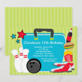 Sluiting Fun Bowling Birthday Party Invitation Kaart (Voorkant / Achterkant)