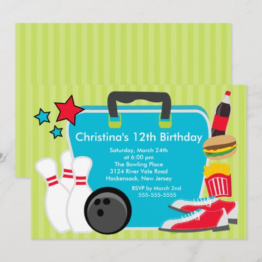 Sluiting Fun Bowling Birthday Party Invitation Kaart (Voorkant / Achterkant)