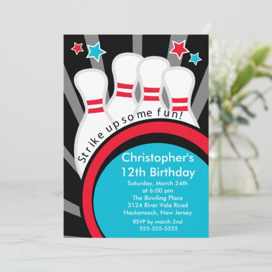 Sluiting Fun Bowling Birthday Party Invitation Kaart (Staand voorkant)